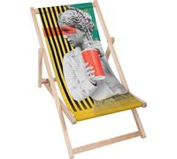 Dreamroots Chaise longue pliante en bois, jusqu'à 130 kg, Chaise longue pliante avec dossier inclinable en 3 positions, Vintage Woman with Drink
