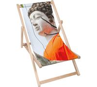 Dreamroots Chaise longue pliante en bois, jusqu'à 130 kg, Chaise longue pliante avec réglage de l'inclinaison du dossier en 3 positions, statue de Bouddha