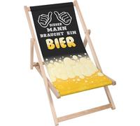 Dreamroots Chaise longue pliante en bois,jusqu'à 130kg,Chaise longue pliante avec réglage de l'inclinaison du dossier en 3 positions, Cet homme a besoin d'une bière