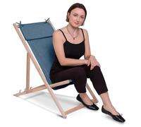 DreamRoots Chilienne Jardin Extérieur Bois avec Appuie-tête - Chaise Longue Balcon Pliable 3 Positions - Transat Bois Résistant 130 kg - Tissu Polyester Lavable 220 g/m² Aspect Lin Denim Dream
