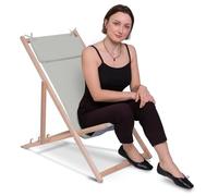 DreamRoots Chilienne Jardin Extérieur Bois avec Appuie-tête - Chaise Longue Balcon Pliable 3 Positions - Transat Bois Résistant 130 kg - Tissu Polyester Lavable 220 g/m² - Pale Grey