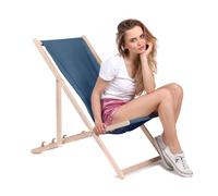 DreamRoots Chilienne Jardin Exterieur en Bois de Hêtre - Transat Jardin Exterieur Résistant 130 kg Pliable en 3 Positions - Chilienne Bois, Tissu Polyester Imitation Lin UV-Résistant 220 g/m² Lavable