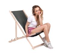 DreamRoots Chilienne Jardin Exterieur en Bois de Hêtre - Transat Jardin Exterieur Résistant 130 kg Pliable en 3 Positions - Chilienne Bois, Tissu Polyester Imitation Lin UV-Résistant 220 g/m² Lavable