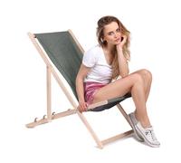 DreamRoots Chilienne Jardin Exterieur en Bois de Hêtre - Transat Jardin Exterieur Résistant 130 kg Pliable en 3 Positions - Chilienne Bois, Tissu Polyester Imitation Lin UV-Résistant 220 g/m² Lavable