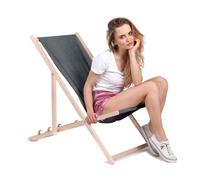 DreamRoots Chilienne Jardin Exterieur en Bois de Hêtre - Transat Jardin Exterieur Résistant 130 kg Pliable en 3 Positions - Chilienne Bois, Polyester Imitation Jeans UV-Résistant 220 g/m² Lavable