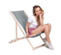 DreamRoots Chilienne Jardin Exterieur en Bois de Hêtre - Transat Jardin Exterieur Résistant 130 kg Pliable en 3 Positions - Chilienne Bois, Tissu Polyester Imitation Lin UV-Résistant 220 g/m² Lavable