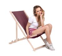 DreamRoots Chilienne Jardin Exterieur en Bois de Hêtre - Transat Jardin Exterieur Résistant 130 kg Pliable en 3 Positions - Chilienne Bois, Tissu Polyester Imitation Lin UV-Résistant 220 g/m² Lavable