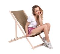 DreamRoots Chilienne Jardin Exterieur en Bois de Hêtre - Transat Jardin Exterieur Résistant 130 kg Pliable en 3 Positions - Chilienne Bois, Tissu Polyester Imitation Lin UV-Résistant 220 g/m² Lavable
