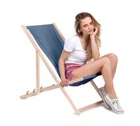 DreamRoots Chilienne Jardin Exterieur en Bois de Hêtre - Transat Jardin Exterieur Résistant 130 kg Pliable en 3 Positions - Chilienne Bois, Polyester Imitation Jeans UV-Résistant 220 g/m² Lavable