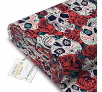 DreamRoots Tissu imperméable extérieur au metre 160 cm Largeur - Toile exterieure impermeable 100% de polyester 600D 220g/m - Tissus au metre ameublement Red Roses Skull 2M