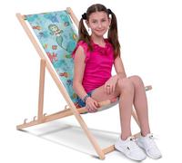 DreamRoots Transat Enfant Bois Chilienne, Mermaid, Taille M | Chaise longue enfant extérieur, bain de soleil, chaise de plage, fauteuil jardin, pliable, hêtre, polyester 130 kg