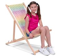 DreamRoots Transat Enfant Bois Chilienne, Rainbow Fish Scale, Taille M | Chaise longue enfant extérieur, bain de soleil, chaise de plage, fauteuil jardin, pliable, hêtre, polyester 130 kg
