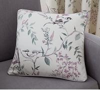 Dreams & Drapes - Coussin Naturel Floral et Oiseau (43 x 43 cm) - Garnissage Inclus - 100% Coton - Bord passepoilé - Coussin Violet Lavande avec Housse Incluse/Insert de Coussin - Rideaux Assortis