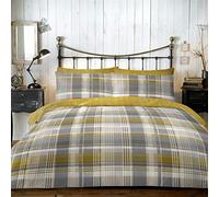 Dreams & Drapes - Housse de Couette cerf à Carreaux Ocre - 200 x 200 cm - 2 taies d'oreiller - 100% Coton brossé Doux - Motifs réversibles - Literie Woodland - Literie cerf forestier en Jaune Ocre