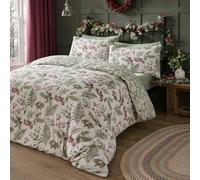 Dreams & Drapes - Housse de Couette de Noël Houx et Baies Rouges - Lit Simple (140 x 200 cm) - Design réversible (2 Couleurs) - 100% Coton - Housse de Couette Motif Branches et fougères de Noël -