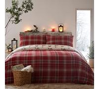 Dreams & Drapes - Housse de Couette en Flanelle Rouge et Animaux des Bois - 230 x 220 cm - 2 taies d'oreiller - 100% Coton brossé Doux - Housse de Couette Renard, Lapin et Oiseau en Naturel