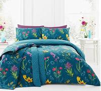 Dreams & Drapes - Housse de Couette Florale Bleu Sarcelle - 200 x 200 cm - 2 taies d'oreiller - Design réversible - Parure de lit et Fleurs Bleu Sarcelle - Parure de lit botanique en Bleu Sarcelle