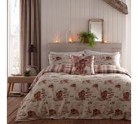 Dreams & Drapes - Housse de Couette Highland Cow - 230 x 220 cm - 2 taies d'oreiller - 100% Coton brossé Doux - Parure de lit à Carreaux Rouges avec Vaches - Parure de lit Woodland en Rouge