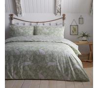 Dreams & Drapes - Housse de Couette Motif Lapin printanier Vert Sauge - Lit Simple (135 x 200 cm) - Design réversible - Entretien Facile - 1 taie d'oreiller - Parure de lit Blanche avec Fleurs et