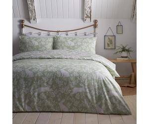 Dreams & Drapes - Housse de Couette Motif Lapin printanier Vert Sauge - Lit Simple (135 x 200 cm) - Design réversible - Entretien Facile - 1 taie d'oreiller - Parure de lit Blanche avec Fleurs et