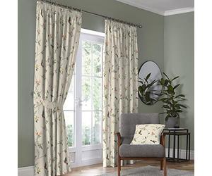 Dreams & Drapes - Rideaux Plissés à Motif Floral et Oiseaux Naturels - 229 x 183 cm - 2 Embrasses - Vintage Crème - Botaniques Blanc Cassé - de Jardin - Colibri