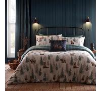 Dreams & Drapes Woodland Bear Parure de lit Double 200 x 200 cm - Flanelle de Coton brossé - Parure de lit réversible à Carreaux Verts - Imprimé Animal de la forêt