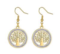 Dreamtimes Boucles d'oreilles arbre de vie pour femmes en acier inoxydable Boucles d'oreilles rondes en zircon doré Arbre généalogique Cadeau de mariage à la mode Charme Bijoux de luxe (or)