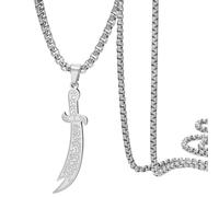 Dreamtimes Collier pendentif en forme d'épée Zulfiqar pour hommes et femmes en acier inoxydable avec amulette gravée de runes islamiques bijou de protection musulman (Argent)