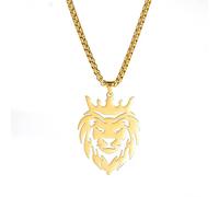 Dreamtimes Lion avec roi couronne colliers pour hommes garçons Punk Animal collier pendentif en acier inoxydable chaîne homme bijoux mode gothique Punk Rock pendentif homme collier (Or)