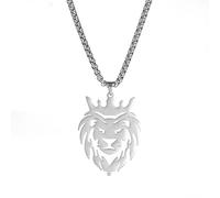 Dreamtimes Lion avec roi couronne colliers pour hommes garçons Punk Animal collier pendentif en acier inoxydable chaîne homme bijoux mode gothique Punk Rock pendentif homme collier (Argent)