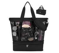 Dreamtop 2 en 1 Grand Sac de Plage avec Glaciere, Extra Large Maille Sac Plage XXL Femme Tote Bag Plage pour Famille Piscine Plage Voyage Camping Gym Piscine Noir