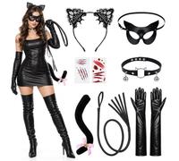 Dreamtop Ensemble d'accessoires de déguisement sur le thème du chat noir | Serre-tête oreilles de chat noir ras-du-cou queue en peluche longs gants tatouages autocollants pour femme Halloween Kitty