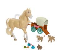Dreamworks Spirit Chica Linda's Wagon Ride - Ensemble de jeu avec Chica Linda, chariot et 3 figurines d'animaux - Fonction d'activation du sabot - Cheval articulé de 2,4 m - Cadeau pour enfants de 3