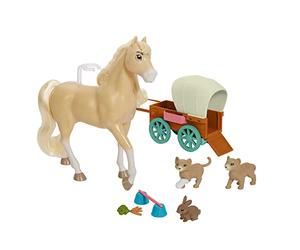 Dreamworks Spirit Chica Linda's Wagon Ride - Ensemble de Jeu avec Chica Linda, Chariot et 3 Figurines d'animaux - Fonction d'activation du Sabot - Cheval articulé de 2,4 m - Cadeau pour Enfants de 3