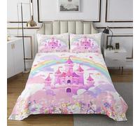 Dreamy Castle Parure de lit 2 pièces avec 1 taie d'oreiller pour lit simple, motif princesse arc-en-ciel et fleurs, décoration de chambre à coucher, thème conte de fées, pour toutes les saisons, rose