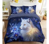 Dreamy Serene Microfiber Duvet Cover Set Elegant Healing Elegant Floral Animals Wolf Print Bedding Set with 1 Pillowcases, Reversible Design Single Size 53" x 79" for Kids and Adults