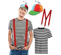 Dreamzfit Tweedle Dee & Tweedle Dum pour adulte - Costume d'Alice au pays des merveilles pour homme avec t-shirt rayé, chapeau d'hélicoptère et bretelles rouges - Semaine du livre, Halloween et