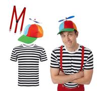 Dreamzfit Tweedle Dee & Tweedle Dum pour adulte - Déguisement Alice au pays des merveilles pour homme avec t-shirt rayé, chapeau d'hélicoptère et bretelles rouges - Semaine du livre, Halloween et