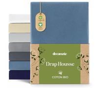 Dreamzie Drap Housse 120x200 cm - 130x200 cm, Jersey 100% Coton Bio, Hauteur De Matelas Jusqu'à 32 cm, Hypoallergénique, Oeko-Tex, Bleu