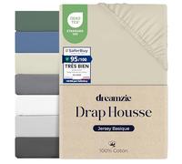 Dreamzie Drap Housse 140x190 / 140x200 Coton, Jersey Extensible, Bonnet 25 cm, Adapté aux Matelas Jusqu’à 22 cm, Certifié Oeko-Tex, Hypoallergénique - Beige
