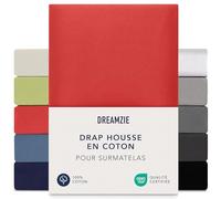 Dreamzie - Drap Housse pour Surmatelas - 180x200cm / 200x200cm - 100% Coton | Rouge · Bonnet 15cm · Ajustement parfait · Lavable à 60°C · Oeko Tex · Topper · Élastiques 360° · Premium Jersey
