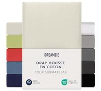 Dreamzie Drap Housse Surmatelas 140x200 cm - 160x200 cm, Jersey 100% Coton, Hauteur De Surmatelas Jusqu'à 15 cm, Hypoallergénique, Oeko-Tex, Beige
