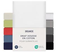 Dreamzie Drap Housse Surmatelas 140x200 cm - 160x200 cm, Jersey 100% Coton, Hauteur De Surmatelas Jusqu'à 15 cm, Hypoallergénique, Oeko-Tex, Blanc