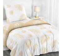 Dreamzie Housse de Couette 140x200 cm avec 1 Taie d'oreiller 65x65 cm, Motif Feuilles de Palmier Tropicales Beige Blanc, Parure de Lit 140x200 avec Fermeture Éclair, Linge de Lit 1 Personne, Oeko TEX
