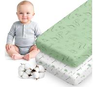 Dreamzie Lot de 2 Drap Housse 70x140 cm - Coton certifié Oeko-Tex - Draps pour lit bébé & Enfant, adaptés aux Matelas 70x140 cm - Dino Blanc/Vert Sauge