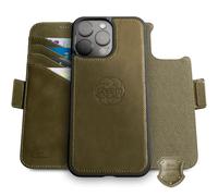 dreem Coque pour iPhone 16 Pro Max en Cuir Véritable, Étui de Téléphone Révolutionnaire avec Support, Coque Magnétique Détachable, Protection RFID, Boîte-Cadeau (Olive)