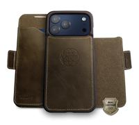 dreem Coque pour iPhone 17 Pro Max en Cuir Véritable, Étui de Téléphone avec Support Révolutionnaire, Coque Magnétique Détachable, Protection RFID, Boîte-Cadeau [Fibonacci:Olive]