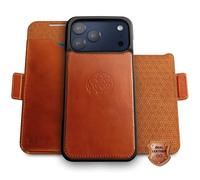 dreem Real Leather for iPhone 17 Pro Case Wallet, Revolutionary Phone Stand, MagSafe-Fit, Magnetic Detachable Flip Cover, RFID Blocking Card Holder, Gift-Box [Fibonacci:Caramel]