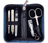 DREI SCHWERTER Germany Siena Kit de manucure 5 pièces comprenant ciseaux à cuticules, coupe-ongles, lime à ongles saphir, nettoyant pour ongles, pince à épiler, couleur bleu jeans