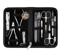 DREI SCHWERTER - Germany Spezia Kit de manucure 11 pièces avec étui en cuir véritable noir | Contenu : ciseaux à cuticules, ciseaux à ongles, pince à ongles, coupe-ongles, pince à cuticules, pince à